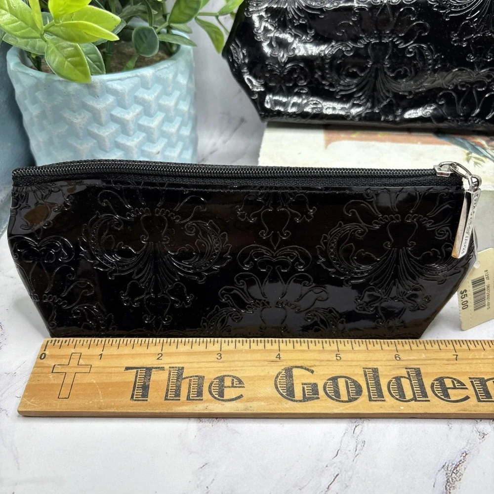 Bath & Body Works Black Patent Embossed Damask Cosmetic Bag Set‎ Of 4 NWT Rare